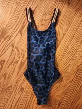 Molo Blue & Black Jaguar Print One-Piece with Gold & Burgundy Straps, Girls 8